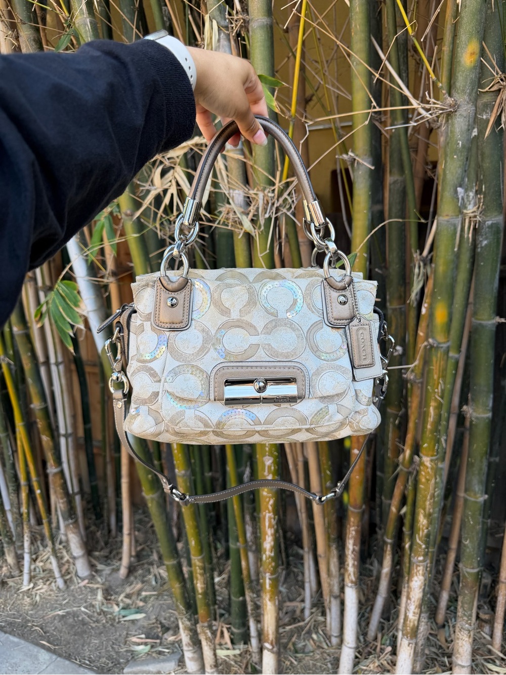 Coach Beige Signature Mini Satchel with Iridescent Accents